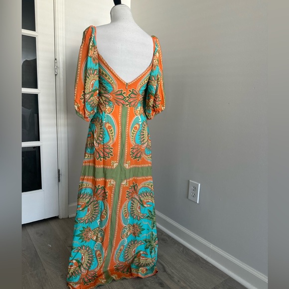 Farm Rio Vibrant Orange and Green Paisley Maxi Dress